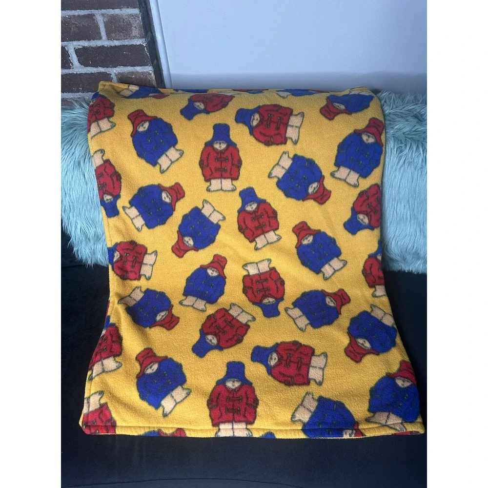 Vintage 90s Paddington Bear Fleece Blanket Throw Yellow Handmade Bedding Cozy